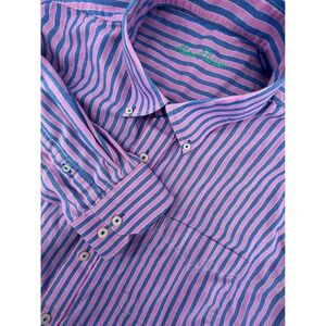 Alan Flusser Pink Blue Striped Cotton Button Down Shirt XXL Long Sleeve